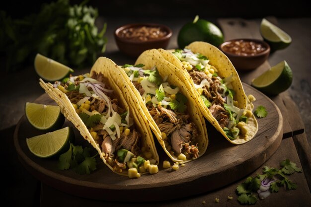 Tres tacos callejeros de carnitas de puerco en tortilla de maíz amarillo Ilustración AI Generativo