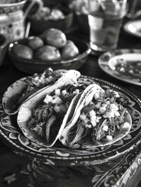 Foto tres tacos con carne y cebollas en un plato