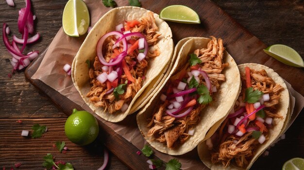 Foto tres tacos de carne de cerdo mexicano