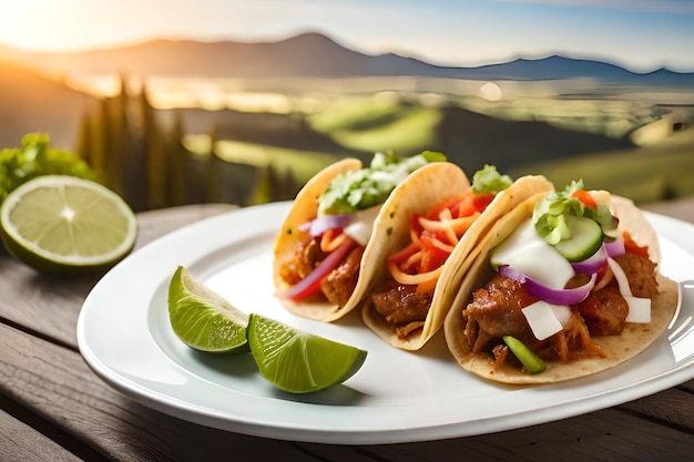 Três tacos em um prato com limão e uma montanha ao fundo