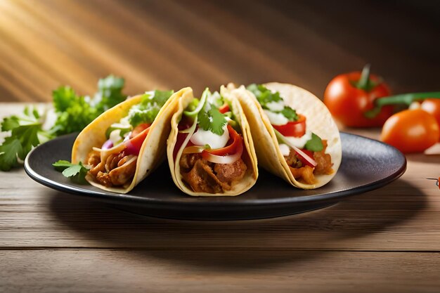 Três tacos em um prato com tomate e coentro ao lado