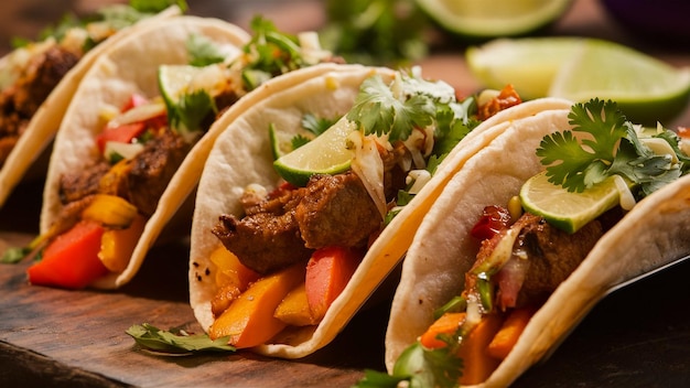 tres tacos están en una tabla de madera con verduras