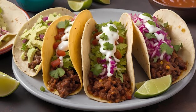 Foto três tacos estão num prato com uma cunha de limão.