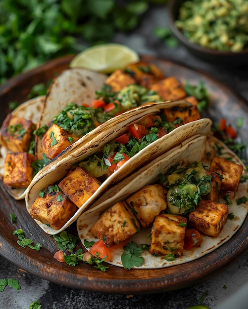 Foto tres tacos en un plato con una cuña de limón