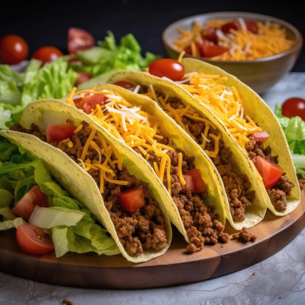 Tres tacos con queso y carne encima están en un plato de madera.