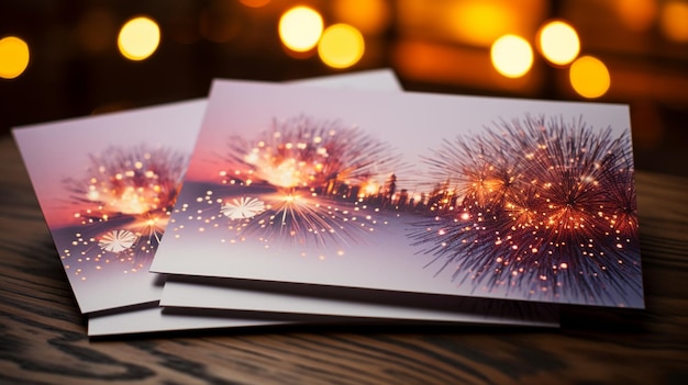 Tres tarjetas con una imagen de fuegos artificiales y luces en el fondo ai generativo