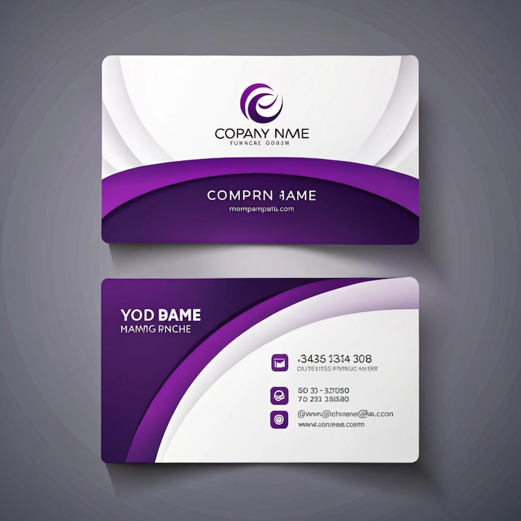 Foto tres tarjetas de visita con colores púrpura y blanco y un logotipo púrpura