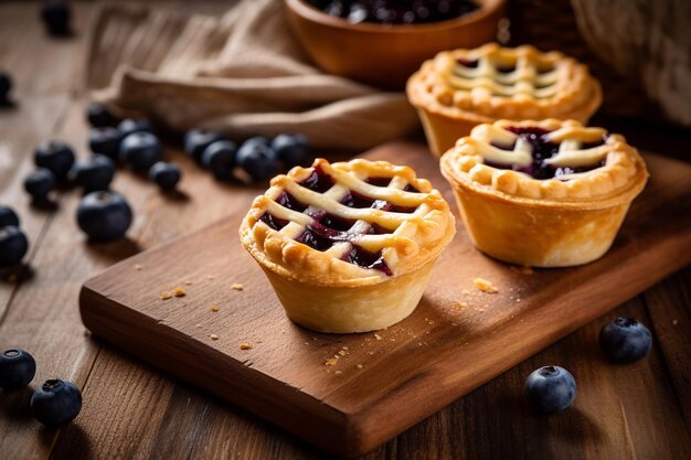 Tres tartas de arándanos sobre una tabla de madera con un plato de arándanos a un lado.