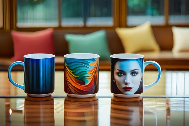 Foto tres tazas de café con la cara de una mujer en el lado izquierdo.