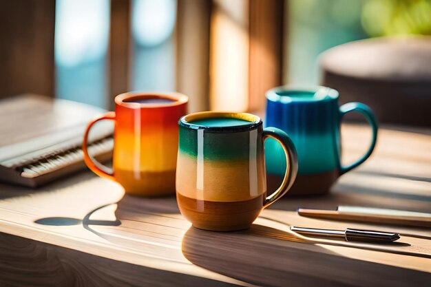tres tazas de café coloridas están en una mesa una de las cuales tiene una cuchara y un bolígrafo en ella