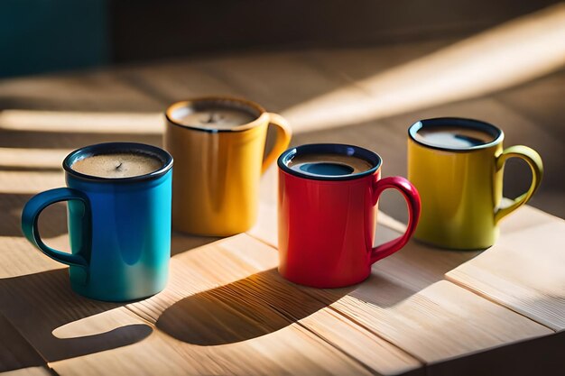 tres tazas de café coloridas se sientan en una superficie de madera