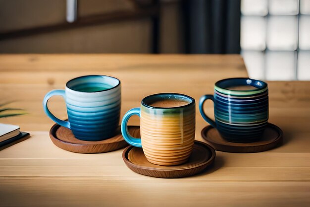 tres tazas de café están apiladas una encima de la otra.