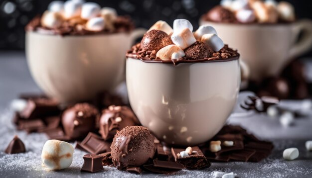 Tres tazas de café con malvaviscos y chocolate