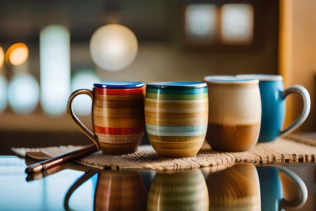 Tres tazas coloridas con diferentes colores.