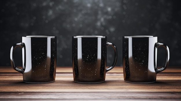 Tres tazas negras en el fondo de luces borrosas