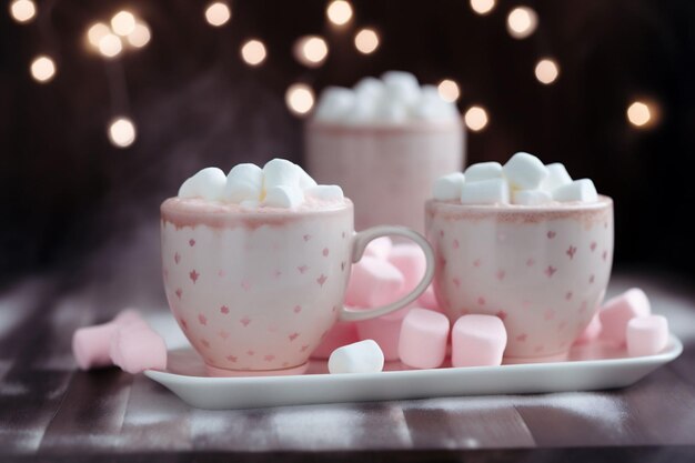 Tres tazas rosas de bebidas de chocolate caliente de Navidad con mini malvaviscos