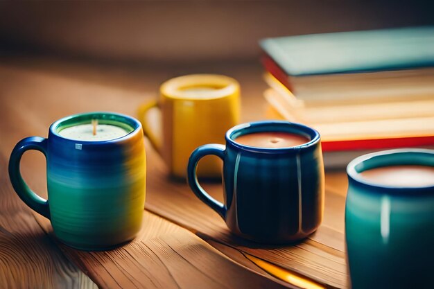 tres tazas de té una vela y un libro en una mesa