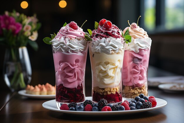 tres tazas de yogur con fresas y una fresa encima.