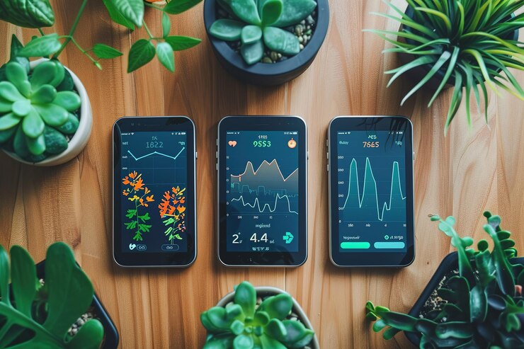 Foto tres teléfonos celulares están en una mesa de madera con plantas en maceta en el fondo