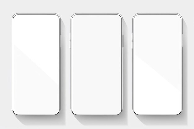 tres teléfonos inteligentes blancos con pantallas en blanco sobre un fondo gris