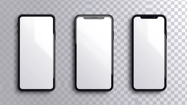 Tres teléfonos inteligentes negros con pantallas en blanco aisladas en un fondo transparente Ilustración vectorial