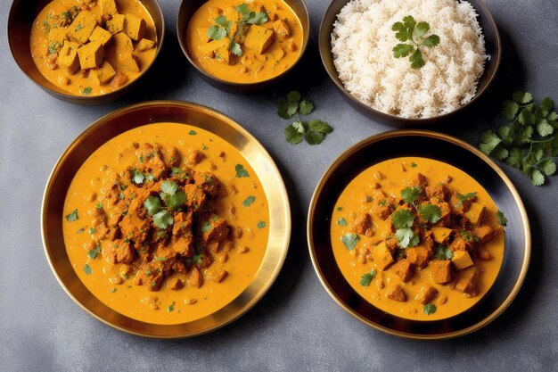 Três tigelas de comida com uma que diz 'comida indiana'