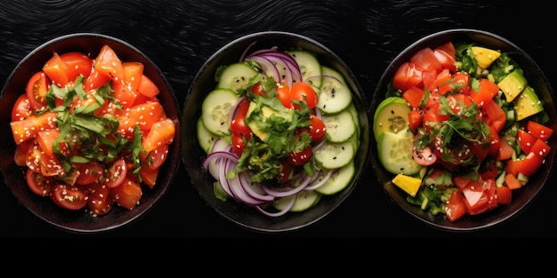 Foto três tigelas de comida com vegetais e tomates.