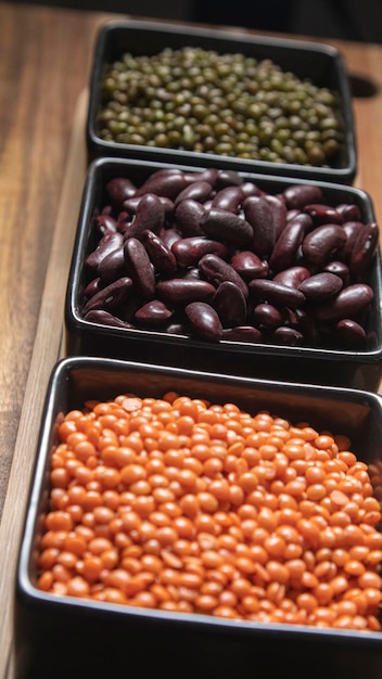 Três tigelas pretas com legumes de diferentes tipos feijão lentilhas vermelhas e soja