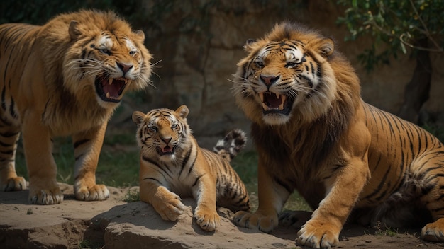 Três tigres estão em uma rocha com um sendo o bebê