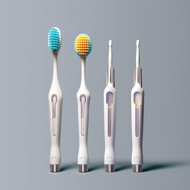 Três tipos diferentes de escovas de dentes estão alinhadas em uma fila generativa ai