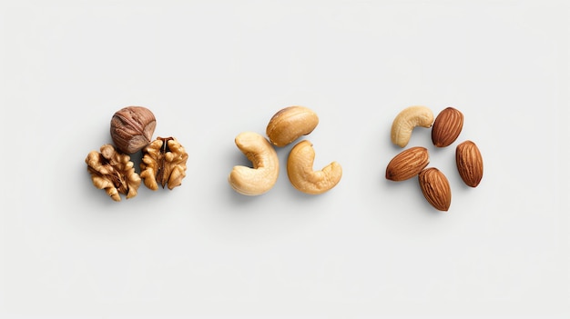 Foto tres tipos de nueces de izquierda a derecha nueces caju y almendras