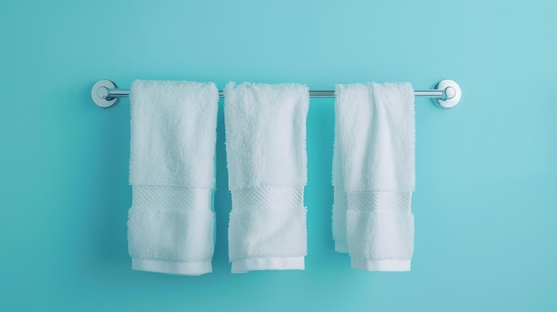 Tres toallas blancas colgando en un estante de toallas El fondo es de un color sólido