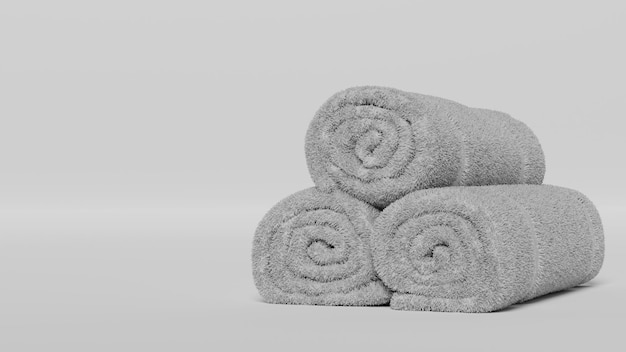 Tres toallas blancas en rollo sobre fondo blanco toallas de spa blancas en pila aisladas tela enrollada vacía maqueta de terry aislada toalla de hotel doméstica limpia para ducha plantilla de renderización 3D