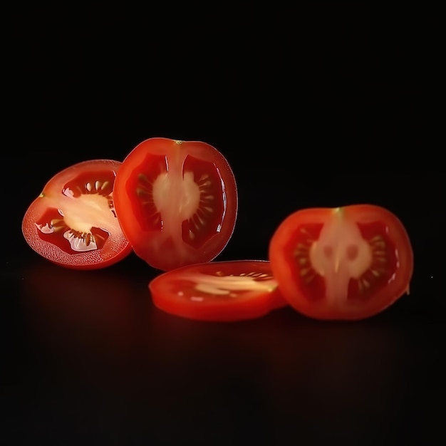 Tres tomates están sobre un fondo negro con un fondo negro.