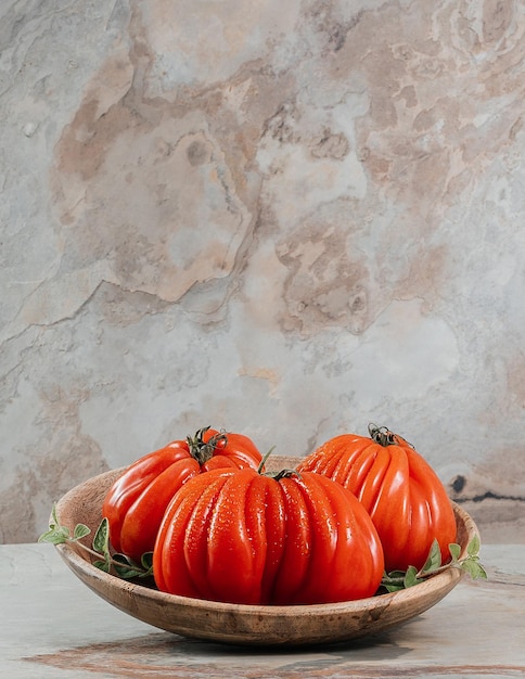 Tres tomates frescos Raf Coeur De Boeuf y orégano sobre un fondo marrón