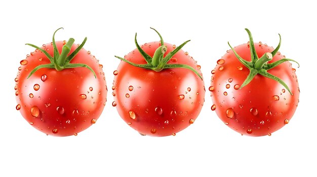 Tres tomates rojos maduros con gotas de agua aisladas sobre un fondo blanco