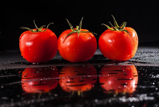 Tres tomates sobre fondo negro
