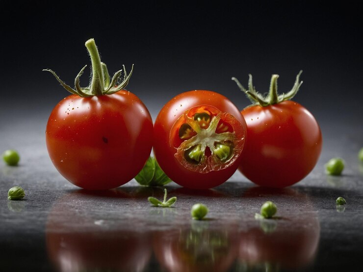 Foto três tomates, um dos quais tem a palavra tomate.