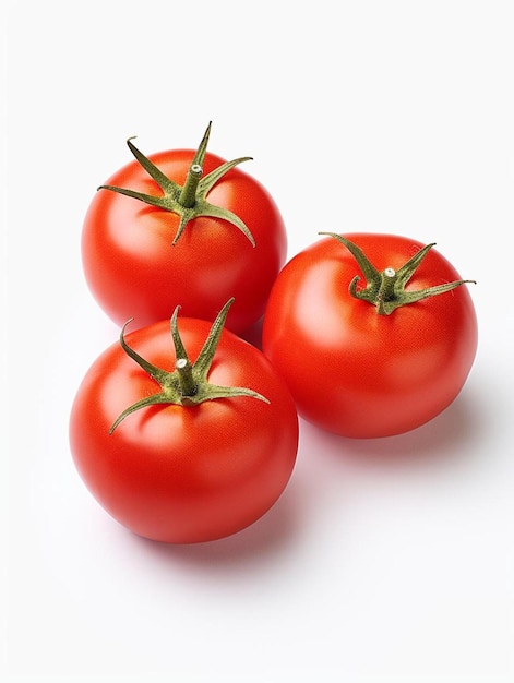 três tomates vermelhos estão sobre um fundo branco, um dos quais tem um caule verde.