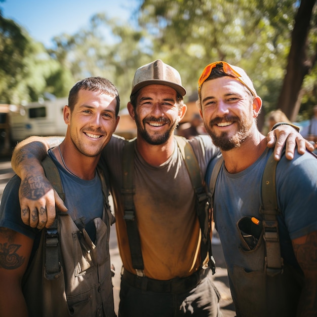 tres trabajadores australianos felices hombro con hombro