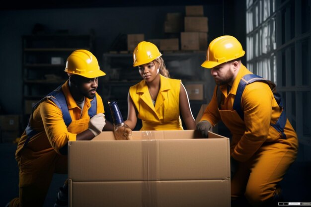 Foto tres trabajadores con cascos y monos