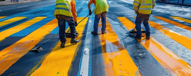 Foto tres trabajadores con chalecos reflectantes están pintando un cruce de peatones con pintura amarilla y azul brillante