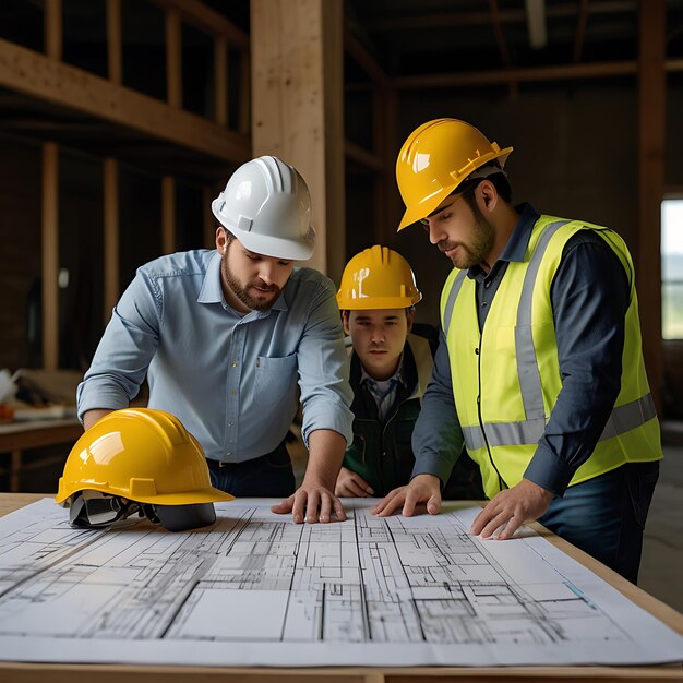Tres trabajadores de la construcción con cascos blancos revisando planes arquitectónicos en una mesa