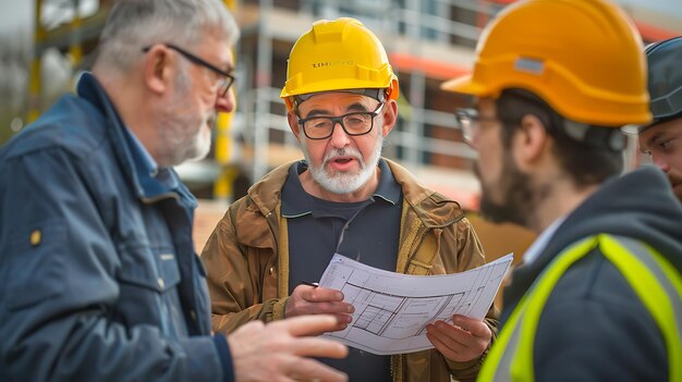 Foto tres trabajadores de la construcción con cascos están mirando un plano están discutiendo los planes para un nuevo edificio