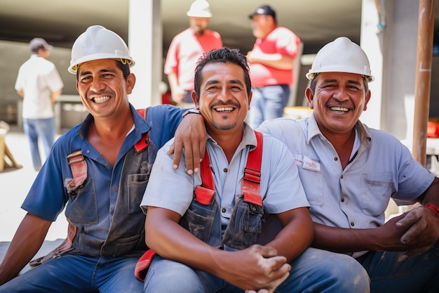 Tres trabajadores de la construcción latinoamericanos felices tomando un descanso