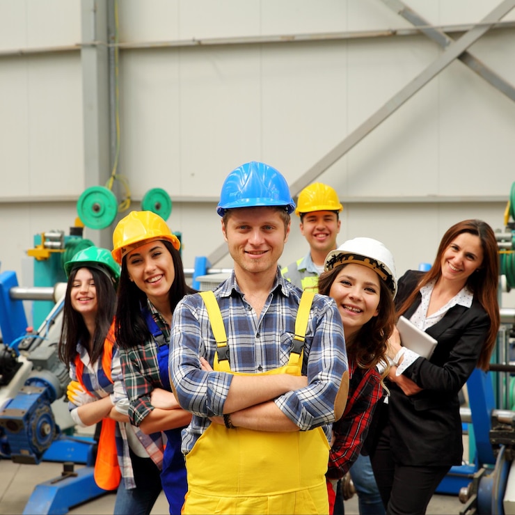 Foto tres trabajadores de la construcción multiétnicos charlando