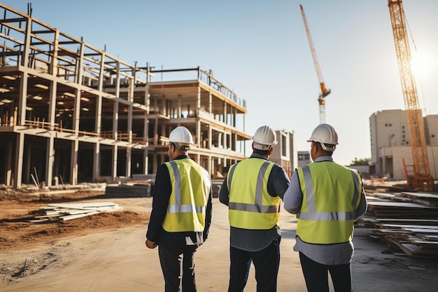 Foto tres trabajadores de la construcción de pie frente a un edificio en construcción