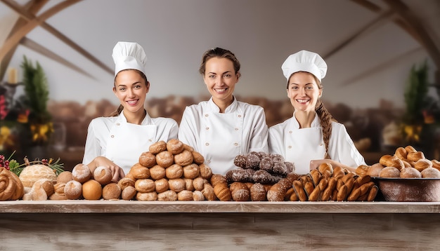 três trabalhadores de padaria sorridentes ao lado de pães