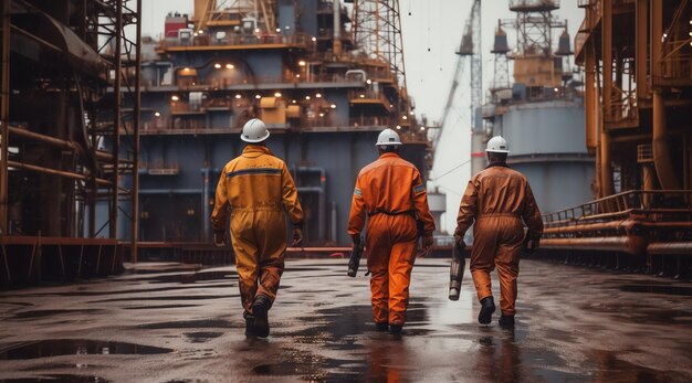 Três trabalhadores em macacões laranja caminham em direção a um navio no meio do nevoeiro