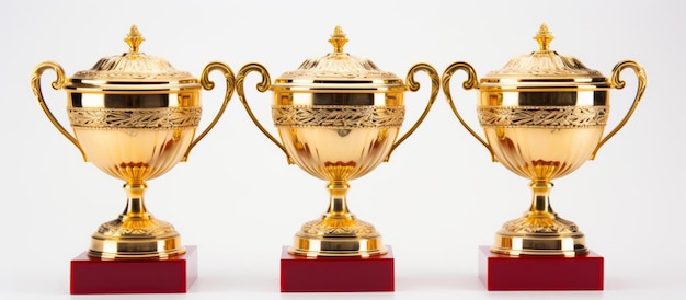 Foto tres trofeos dorados con bases rojas sobre un fondo blanco